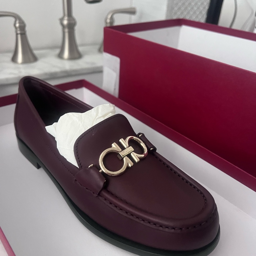 Salvatore Ferragamo Brown and Gold Loafers Flats
